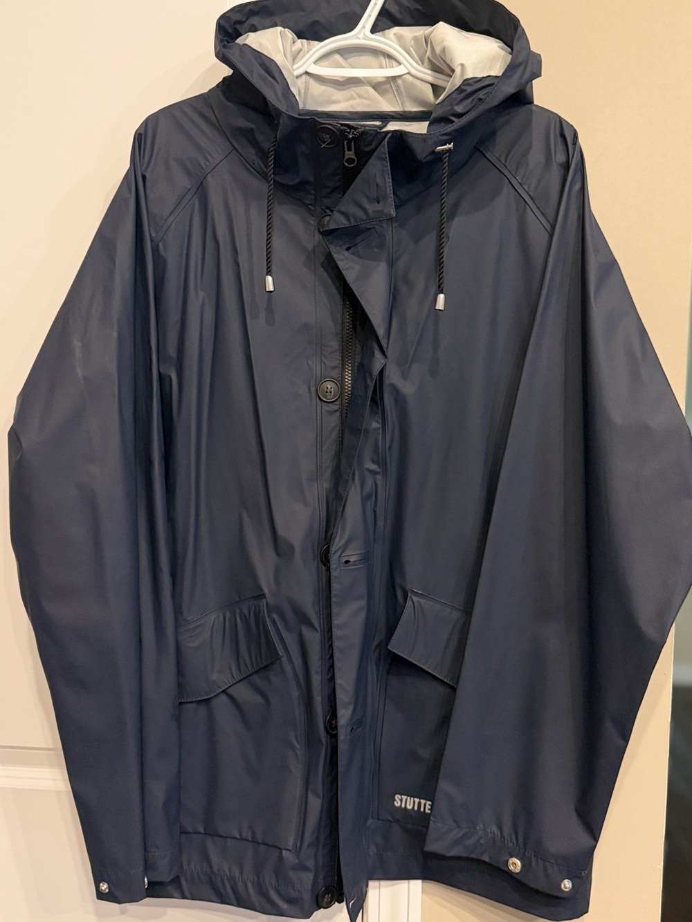 Stutterheim Navy Hooded Raincoat with Contrast Lining